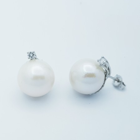 AUSTRALIAN PEARL EARRINGS 14 mm in 18 kt WHITE GOLD with Diamonds 0.15 Total