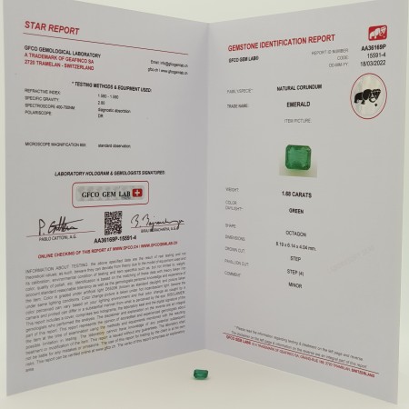 ÉMERAUDE OCTOGONALE de 1,68 CARAT en BLISTER CERTIFIÉ GFCO GEM LAB