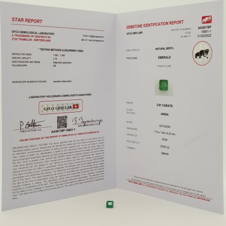 ÉMERAUDE OCTOGONALE de 2,81 CARATS en BLISTER CERTIFIÉ GFCO GEM LAB