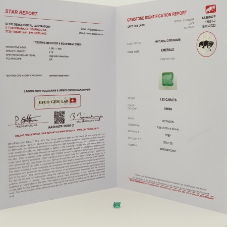 ÉMERAUDE OCTOGONALE de 1,93 CARAT en BLISTER CERTIFIÉ GFCO GEM LAB