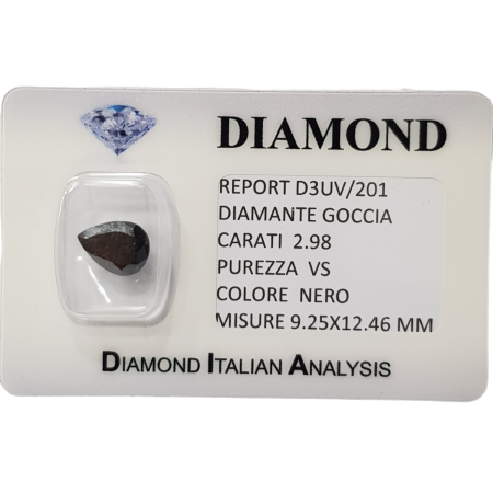 DIAMANTE NERO GOCCIA 2.98 CARATI PUREZZA VS in BLISTER CERTIFICATO