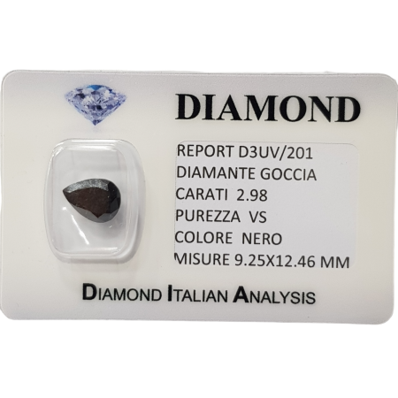 GOUTTE DE DIAMANT NOIR PURETÉ DE 2,98 CARATS VS en BLISTER CERTIFICAT