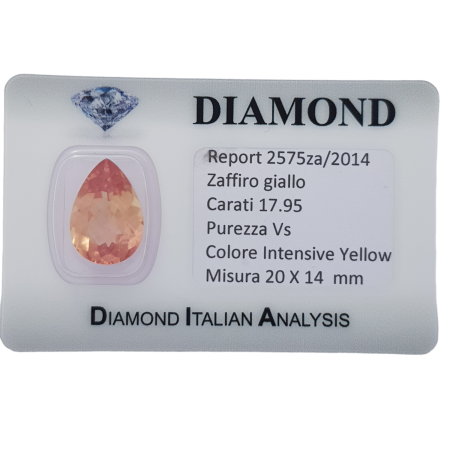 SAPHIR JAUNE 17,95 ct TAILLE GOUTTE en BLISTER CERTIFIÉ