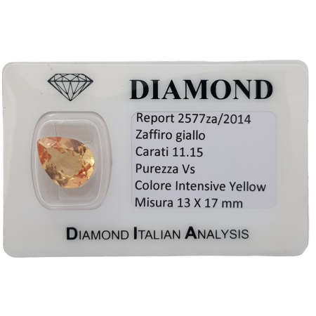 SAPHIR JAUNE 17,95 ct TAILLE GOUTTE en BLISTER CERTIFIÉ