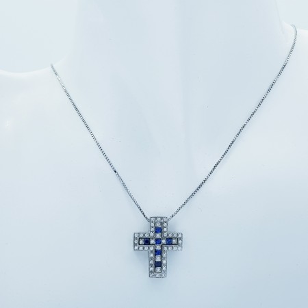 DAMIANI CROSS PENDANT IN 18 KT WHITE GOLD with DIAMONDS and SAPPHIRES
