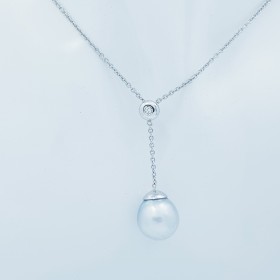 Collana Ciondolo Perla e Diamante in Oro Bianco 18 kt - Lunghezza 50cm