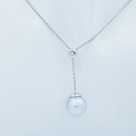 Collana Ciondolo Perla e Diamante in Oro Bianco 18 kt - Lunghezza 50cm