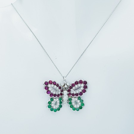 Collier pendentif en or blanc 18 carats avec pierres certifiées - motif (papillon)