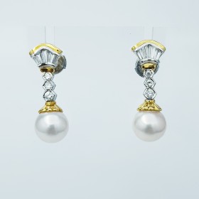 ORECCHINI PENDENTI DIAMANTI con PERLE in ORO 18 kt - Modello (Ventaglio)