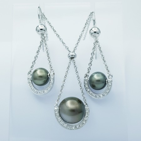 18 kt White Gold Set with Certified Pearls and Diamonds - Model (Tahiti)