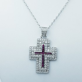 COLLIER CROIX EN OR BLANC 18 KT AVEC DIAMANTS ET RUBINS CERTIFIÉS - Modèle (Grand)