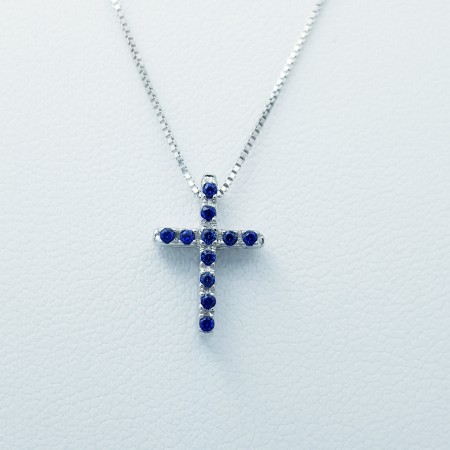 18 KT WHITE GOLD CROSS PENDANT with CERTIFIED DIAMONDS and SAPPHIRE - Model (Double)