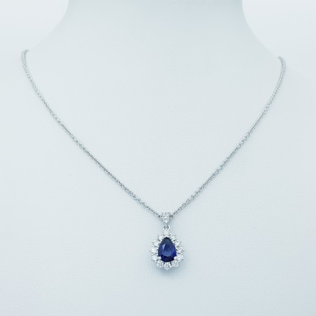 18 kt White Gold Pendant Necklace with Sapphire and Certified Diamonds