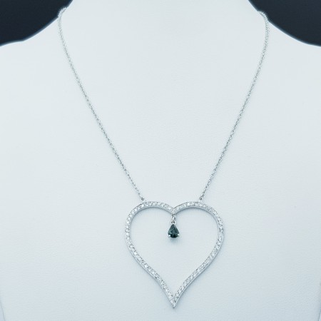 Collana Ciondolo Cuore in Oro Bianco 18 kt con Zaffiro e Diamanti Certificati