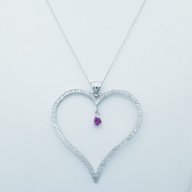18 kt White Gold Heart Pendant Necklace with Sapphire and Certified Diamonds