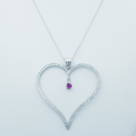 Collana Ciondolo Cuore in Oro Bianco 18 kt con Zaffiro e Diamanti Certificati