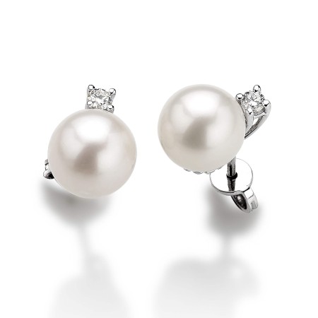 ORECCHINI PERLE AKOYA 8.5mm e DIAMANTI 0.20 Ct Totali in ORO BIANCO 18 kt