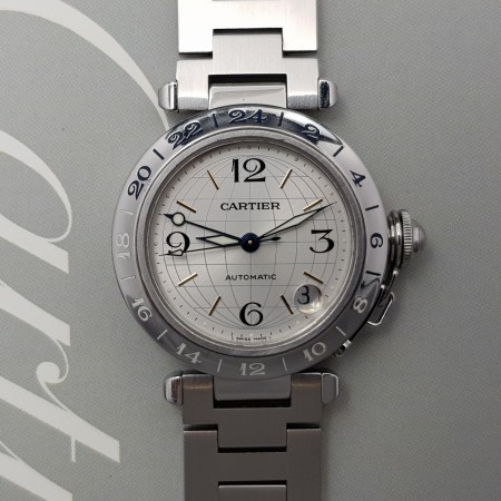 Cartier Pasha Gmt 2377 35mm Avec papier Très bon état Stahl Acier 52CLApri