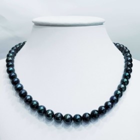 Biwa black pearl necklace thread measures from 9.5 to 10 mm