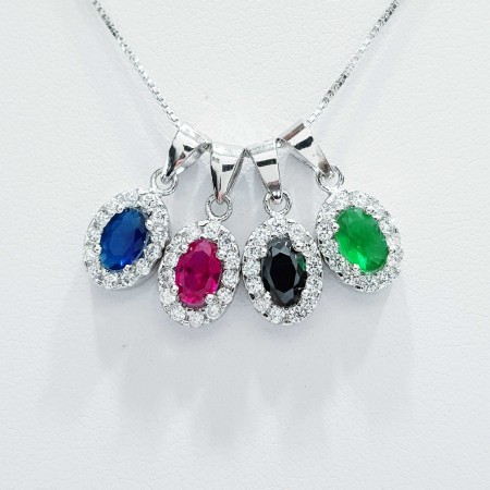 Oval pendant in 925 sterling silver rhodium plated White Gold with Multi COLOR Gems
